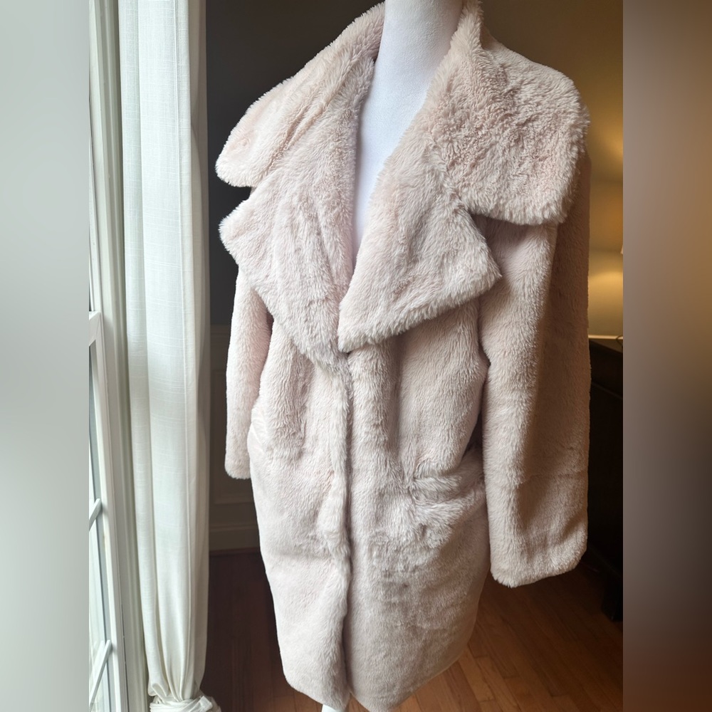 C&C California Soft Pink Faux Fur Knee Length Coat